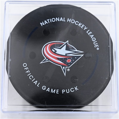Sean Monahan - Columbus Blue Jackets - Goal Puck - December 10, 2024 vs. Philadelphia Flyers (Blue Jackets Logo)