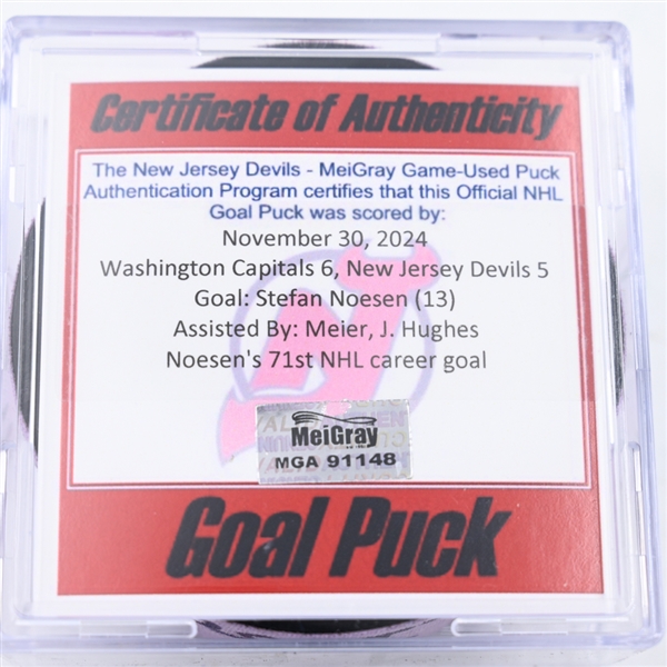 Stefan Noesen - New Jersey Devils - Goal Puck - November 30, 2024 vs. Washington Capitals (Devils Logo)