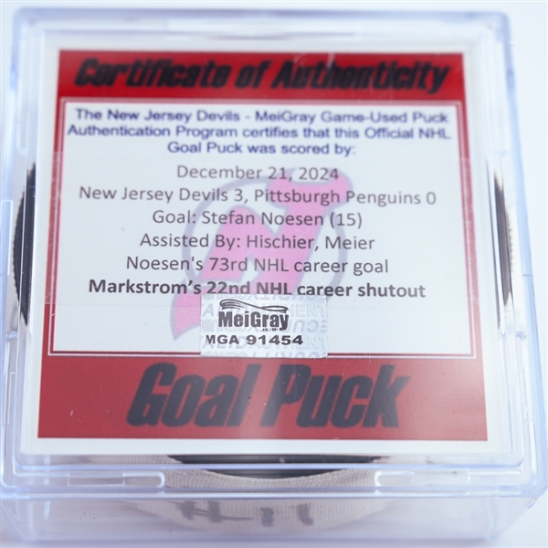 Stefan Noesen - New Jersey Devils - Goal Puck - December 21, 2024 vs. Pittsburgh Penguins (Devils Logo)