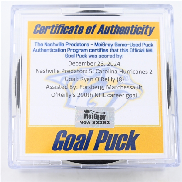 Ryan OReilly - Nashville Predators - Goal Puck - December 23, 2024 vs. Carolina Hurricanes (Predators Logo)