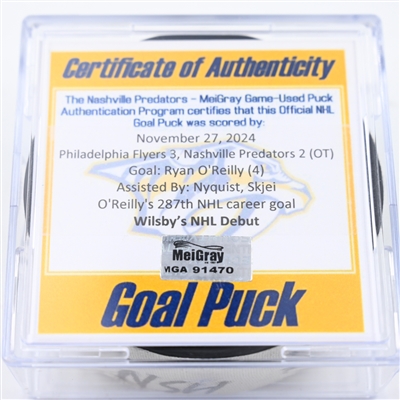 Ryan O'Reilly - Nashville Predators - Goal Puck - November 27, 2024 vs. Philadelphia Flyers (Predators Logo)
