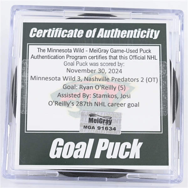 Ryan OReilly - Nashville Predators - Goal Puck - November 30, 2024 vs. Minnesota Wild (Wild Logo)