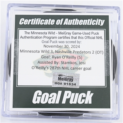 Ryan O'Reilly - Nashville Predators - Goal Puck - November 30, 2024 vs. Minnesota Wild (Wild Logo)