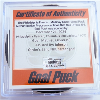 Mathieu Olivier - Columbus Blue Jackets - Goal Puck - December 21, 2024 vs. Philadelphia Flyers (Flyers Logo)