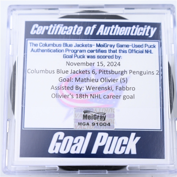 Mathieu Olivier - Columbus Blue Jackets - Goal Puck - November 15, 2024 vs. Pittsburgh Penguins (Blue Jackets Logo)