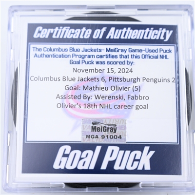 Mathieu Olivier - Columbus Blue Jackets - Goal Puck - November 15, 2024 vs. Pittsburgh Penguins (Blue Jackets Logo)