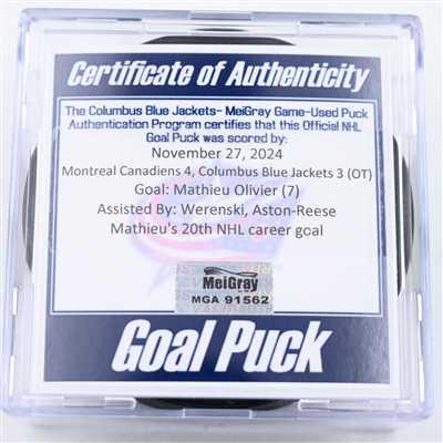 Mathieu Olivier - Columbus Blue Jackets - Goal Puck - November 27, 2024 vs. Montreal Canadiens (Blue Jackets Logo)
