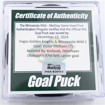 Victor Olofsson - Vegas Golden Knights - Goal Puck - December 15, 2024 vs. Minnesota Wild (Wild Logo)