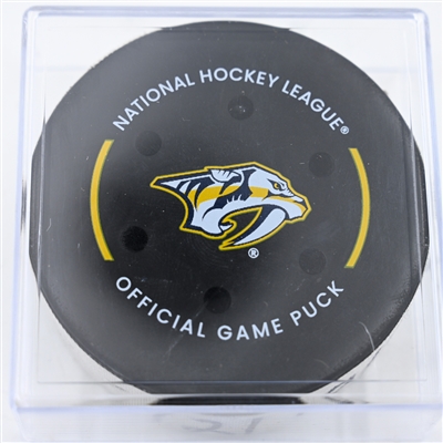 Brayden Pachal - Calgary Flames - Goal Puck - December 10, 2024 vs. Nashville Predators (Predators Logo)