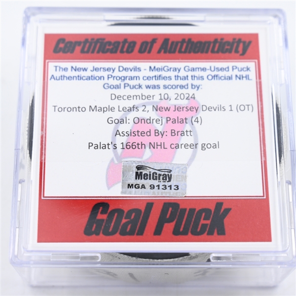 Ondrej Palat - New Jersey Devils - Goal Puck - December 10, 2024 vs. Toronto Maple Leafs (Devils Logo)