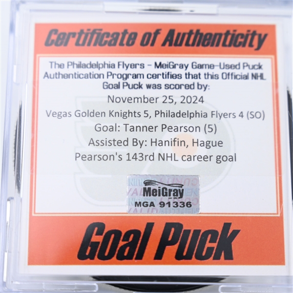 Tanner Pearson - Vegas Golden Knights - Goal Puck - November 25, 2024 vs. Philadelphia Flyers (Flyers Logo)