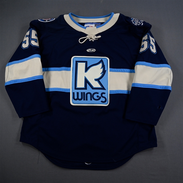 Drake Pilon - Kalamazoo Wings - Game-Worn Navy Jersey - 2025 Warrior/ECHL Hockey Heritage Classic - Worn January 18, 2025 - 2nd Period, 3rd Period & Overtime - Autographed