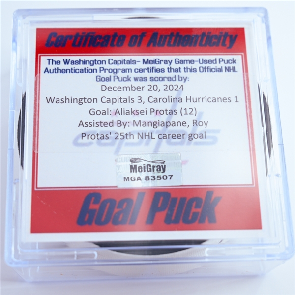 Aliaksei Protas - Washington Capitals - Goal Puck - December 20, 2024 vs. Carolina Hurricanes (Capitals 50th Anniversary Logo)