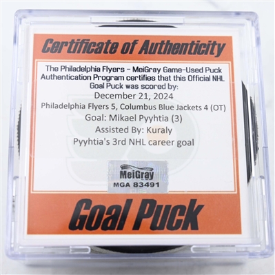 Mikael Pyyhtia - Columbus Blue Jackets - Goal Puck - December 21, 2024 vs. Philadelphia Flyers (Flyers Logo)