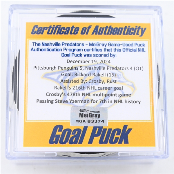 Rickard Rakell - Pittsburgh Penguins - Goal Puck - December 19, 2024 vs. Nashville Predators (Predators Logo)