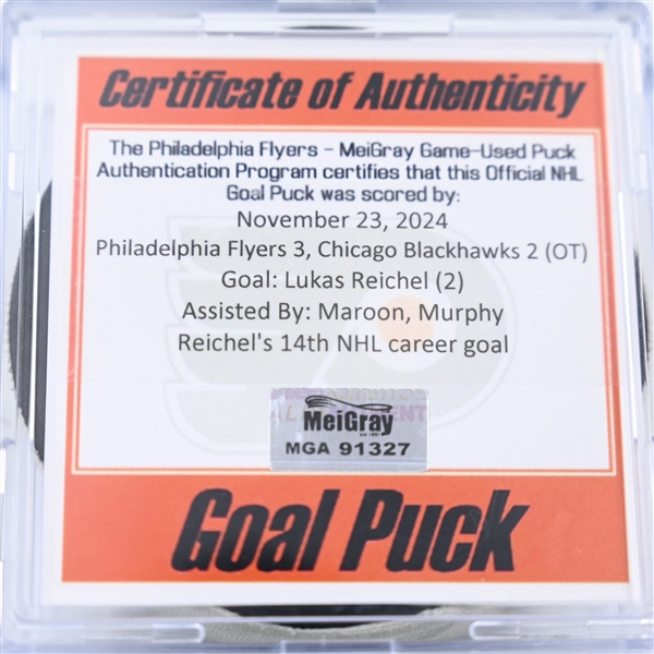 Lukas Reichel - Chicago Blackhawks - Goal Puck - November 23, 2024 vs. Philadelphia Flyers (Flyers Logo)