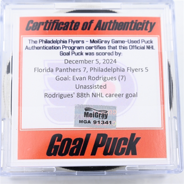 Evan Rodrigues - Florida Panthers - Goal Puck - December 5, 2024 vs. Philadelphia Flyers (Flyers Logo)