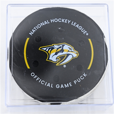 Kevin Rooney - Calgary Flames - Goal Puck - December 10, 2024 vs. Nashville Predators (Predators Logo)