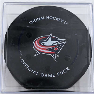 Jack Roslovic - Columbus Blue Jackets - Goal Puck - December 31, 2024 vs. Carolina Hurricanes (Blue Jackets Logo)