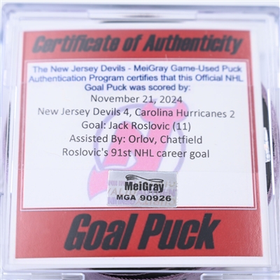 Jack Roslovic - Carolina Hurricanes - Goal Puck - November 21, 2024 vs. New Jersey Devils (Devils Logo)