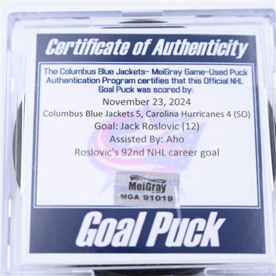 Jack Roslovic - Carolina Hurricanes - Goal Puck - November 23, 2024 vs. Columbus Blue Jackets (Blue Jackets Logo)