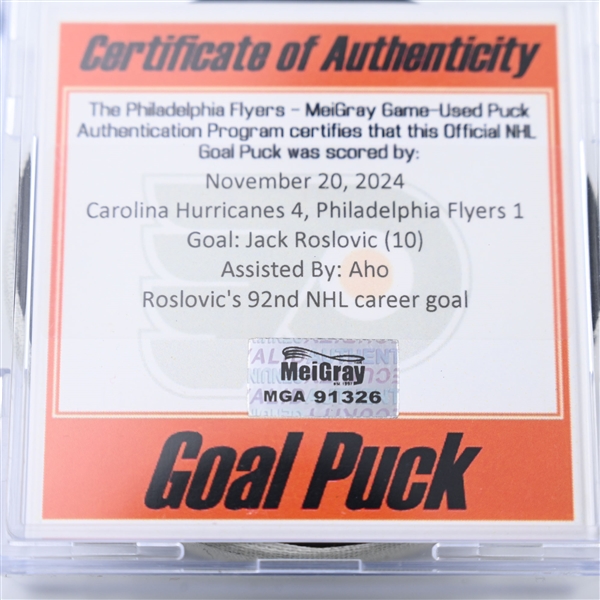 Jack Roslovic - Carolina Hurricanes - Goal Puck - November 20, 2024 vs. Philadelphia Flyers (Flyers Logo)