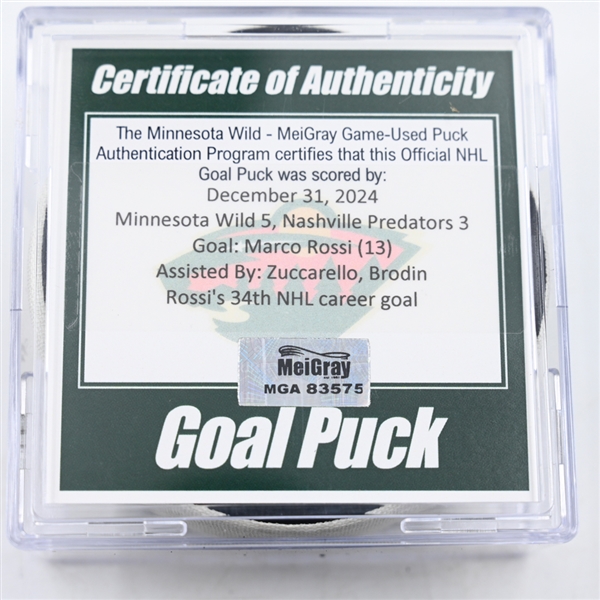 Marco Rossi - Minnesota Wild - Goal Puck - December 31, 2024 vs. Nashville Predators (Wild Logo)