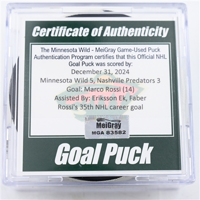 Marco Rossi - Minnesota Wild - Goal Puck - December 31, 2024 vs. Nashville Predators (Wild Logo)