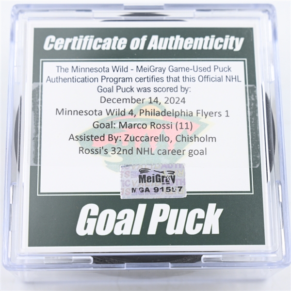 Marco Rossi - Minnesota Wild - Goal Puck - December 14, 2024 vs. Philadelphia Flyers (Wild Logo)