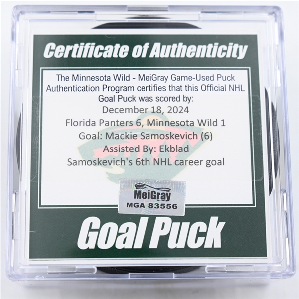 Mackie Samoskevich - Florida Panthers - Goal Puck - December 18, 2024 vs. Minnesota Wild (Wild Logo)