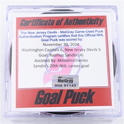 Rasmus Sandin - Washington Capitals - Goal Puck - November 30, 2024 vs. New Jersey Devils (Devils Logo)