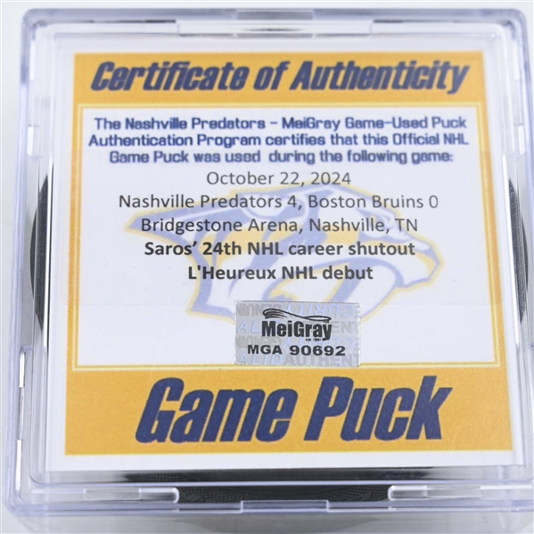 Juuse Saros - 24th NHL Career Shutout - Nashville Predators - Game-Puck - October 22, 2024 vs. Boston Bruins (Predators Logo)