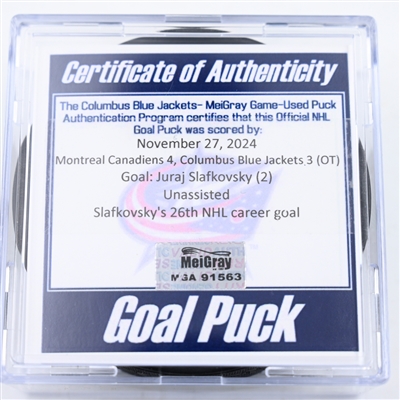 Juraj Slafkovsky - Montreal Canadiens - Goal Puck - November 27, 2024 vs. Columbus Blue Jackets (Blue Jackets Logo)