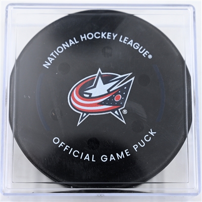 Juraj Slafkovsky - Montreal Canadiens - Goal Puck - November 27, 2024 vs. Columbus Blue Jackets (Blue Jackets Logo)