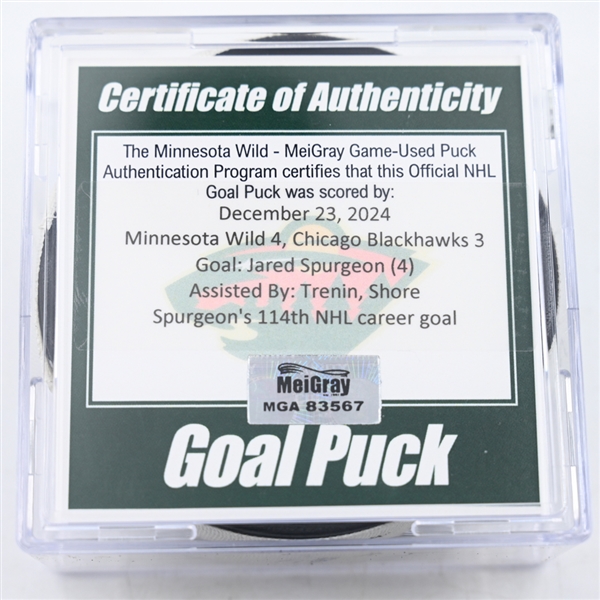 Jared Spurgeon - Minnesota Wild - Goal Puck - December 23, 2024 vs. Chicago Blackhawks (Wild Logo)