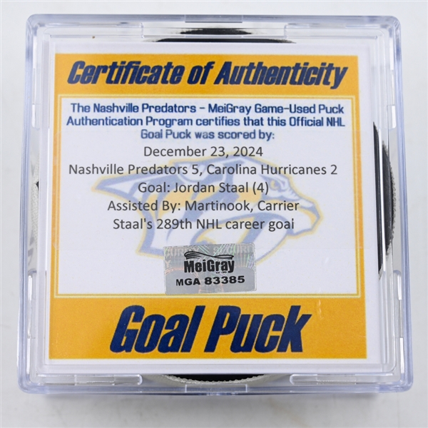 Jordan Staal - Carolina Hurricanes - Goal Puck - December 23, 2024 vs. Nashville Predators (Predators Logo)