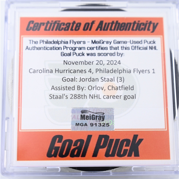 Jordan Staal - Carolina Hurricanes - Goal Puck - November 20, 2024 vs. Philadelphia Flyers (Flyers Logo)