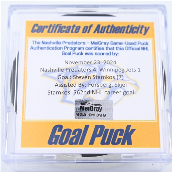 Steven Stamkos - Nashville Predators - Goal Puck - November 23, 2024 vs. Winnipeg Jets (Predators Logo)