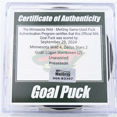 Logan Stankoven - Dallas Stars - Goal Puck - September 29, 2024 vs. Minnesota Wild (Wild Logo) - Preseason