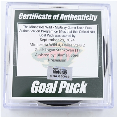 Logan Stankoven - Dallas Stars - Goal Puck - September 29, 2024 vs. Minnesota Wild (Wild Logo) - Preseason