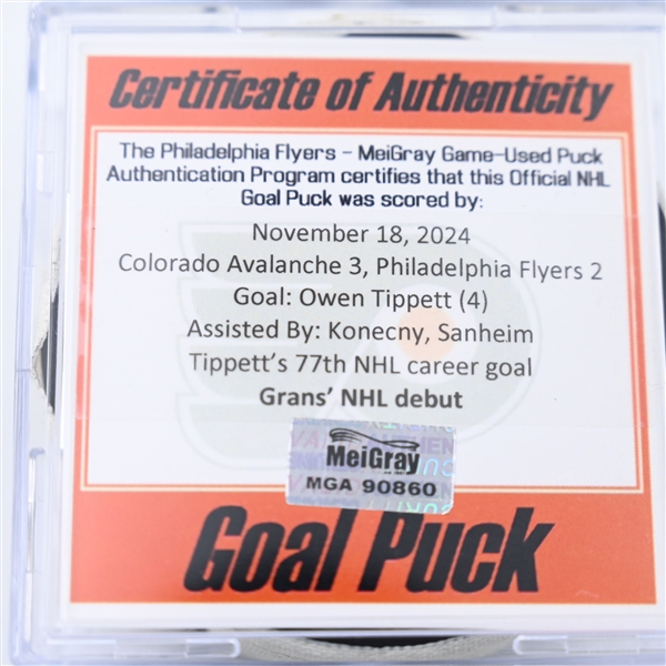 Owen Tippett - Philadelphia Flyers - Goal Puck - November 18, 2024 vs. Colorado Avalanche (Flyers Logo)