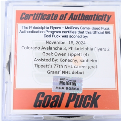 Owen Tippett - Philadelphia Flyers - Goal Puck - November 18, 2024 vs. Colorado Avalanche (Flyers Logo)