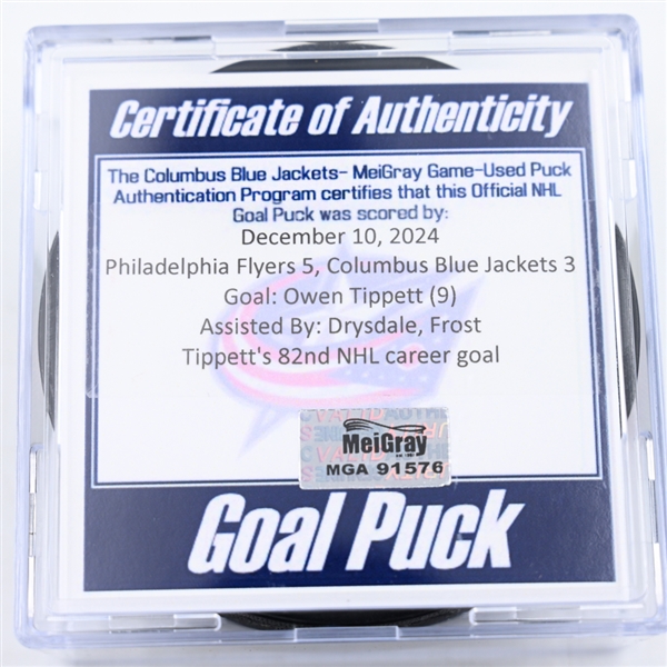 Owen Tippett - Philadelphia Flyers - Goal Puck - December 10, 2024 vs. Columbus Blue Jackets (Blue Jackets Logo)