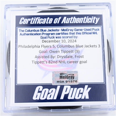 Owen Tippett - Philadelphia Flyers - Goal Puck - December 10, 2024 vs. Columbus Blue Jackets (Blue Jackets Logo)