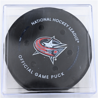 Owen Tippett - Philadelphia Flyers - Goal Puck - December 10, 2024 vs. Columbus Blue Jackets (Blue Jackets Logo)