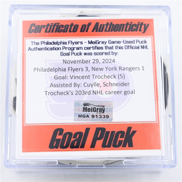 Vincent Trocheck - New York Rangers - Goal Puck - November 29, 2024 vs. Philadelphia Flyers (Flyers Logo)