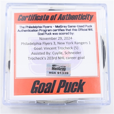 Vincent Trocheck - New York Rangers - Goal Puck - November 29, 2024 vs. Philadelphia Flyers (Flyers Logo)