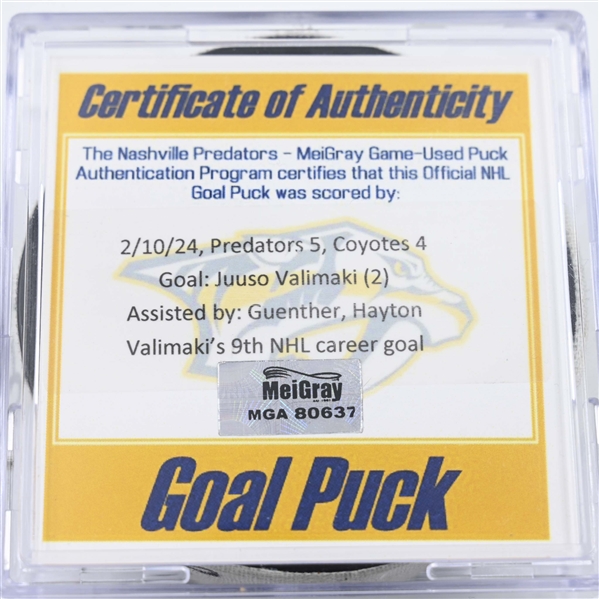 Juuso Valimaki - Arizona Coyotes - Goal Puck - February 10, 2024 vs. Nashville Predators (Predators 25th Anniversary Logo)