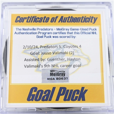 Juuso Valimaki - Arizona Coyotes - Goal Puck - February 10, 2024 vs. Nashville Predators (Predators 25th Anniversary Logo)