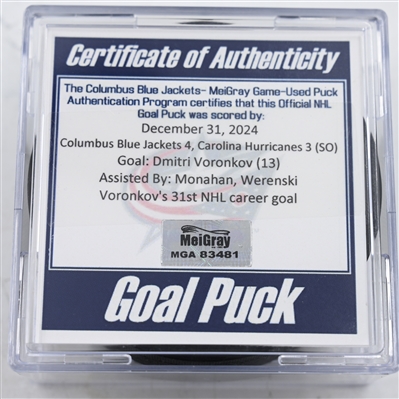 Dmitri Voronkov - Columbus Blue Jackets - Goal Puck - December 31, 2024 vs. Carolina Hurricanes (Blue Jackets Logo)